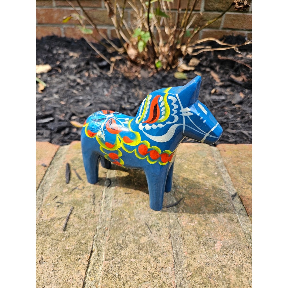 Vintage Nils Olsson Wooden Blue Dala Horse Hand Painted Swedish Folk Art 5"